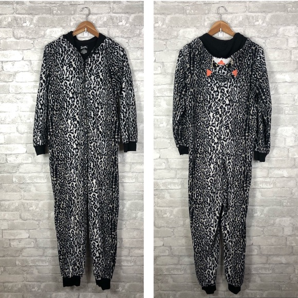 Nick & Nora One Piece Fleece Jogger Cat Pajamas Small Hoodie Black Animal Print - Picture 12 of 12